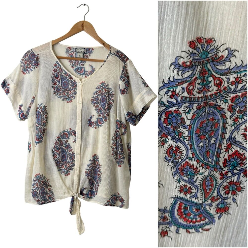 Peter Dunham Lucky Brand 1X Top White Paisley Tie-Front Button Up Sheer Gauzy